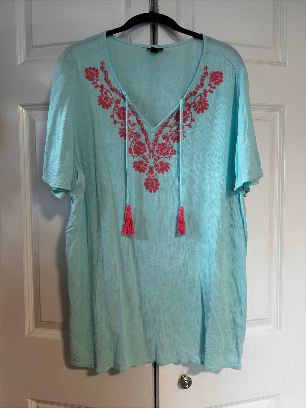 torrid Aqua Tunic with Pink Embroidered Neckline and Tassels